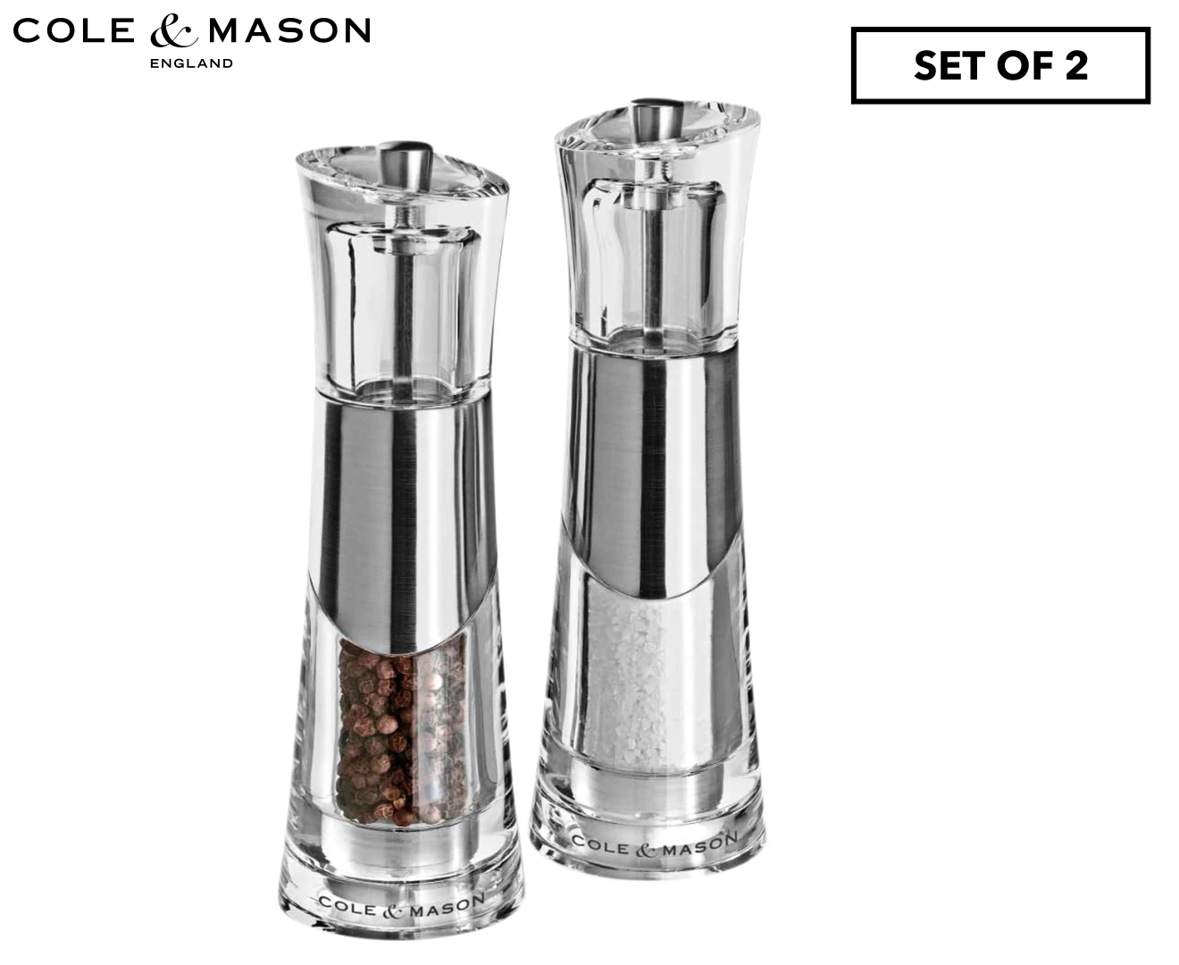 Cole & Mason Bobbi Acrylic/Chrome Plated Salt & Pepper Mill Grinder Set Clear