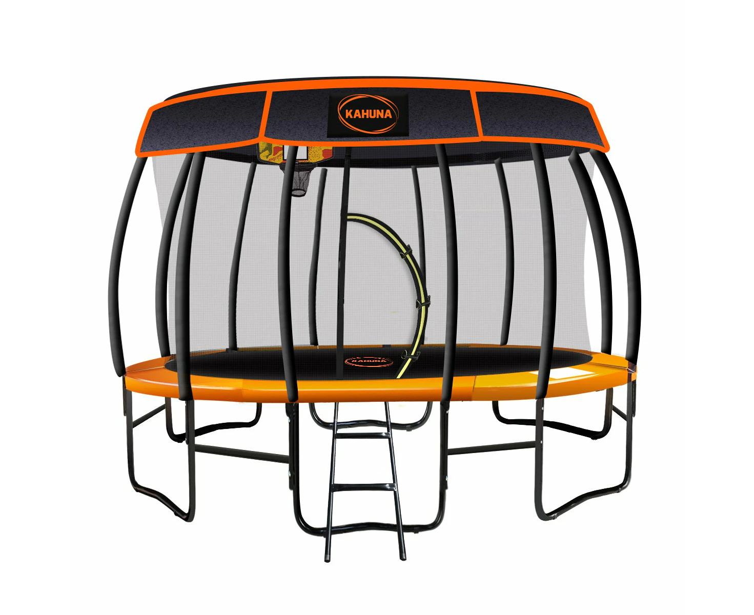 Kahuna Trampoline 12 ft with Basketball Set and Roof - Orange