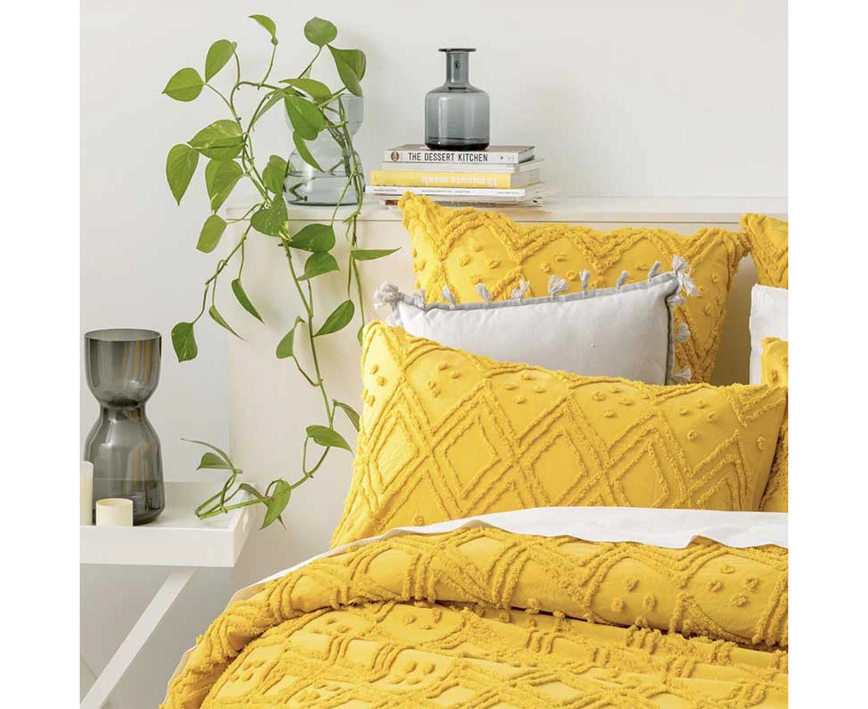 Park Avenue Medallion 65cm Pillowcase Cotton Vintage Washed Tufted Misted Yellow