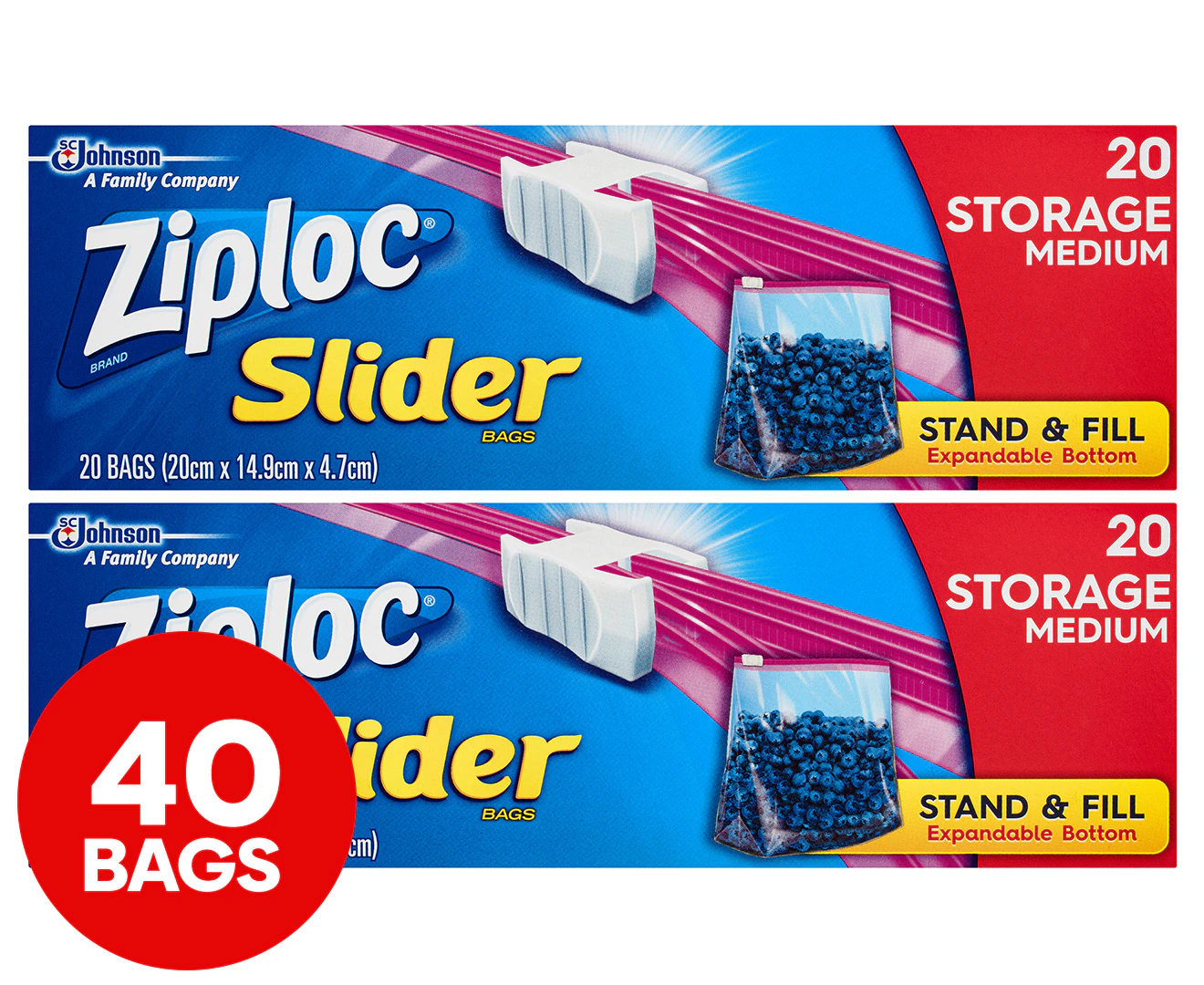 2 x Ziploc Medium Storage Slider Bags 20pk