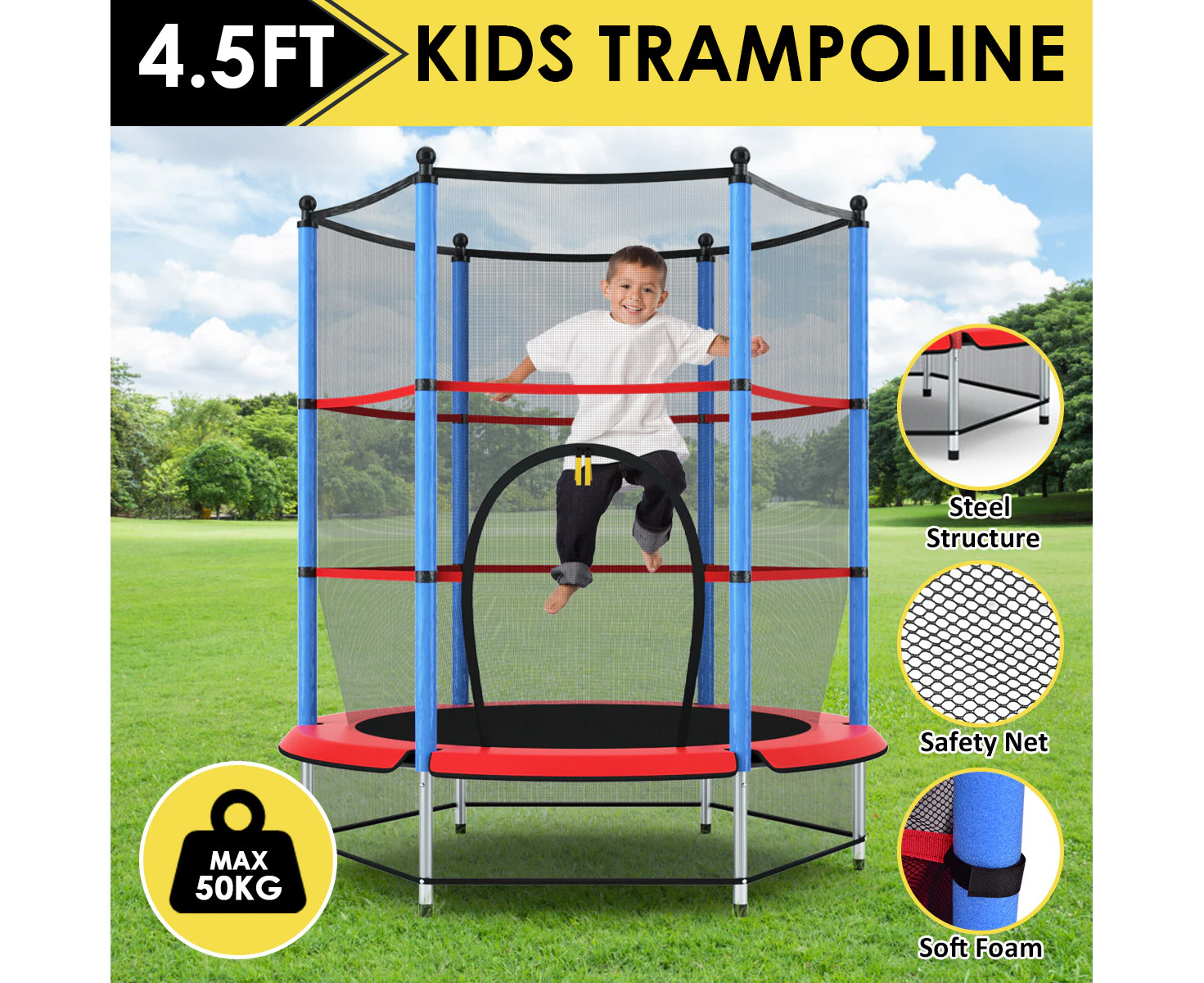 Kids 4.5ft  Trampoline Round Trampolines w/Enclosure Safety Net Outdoor Jumping Gift