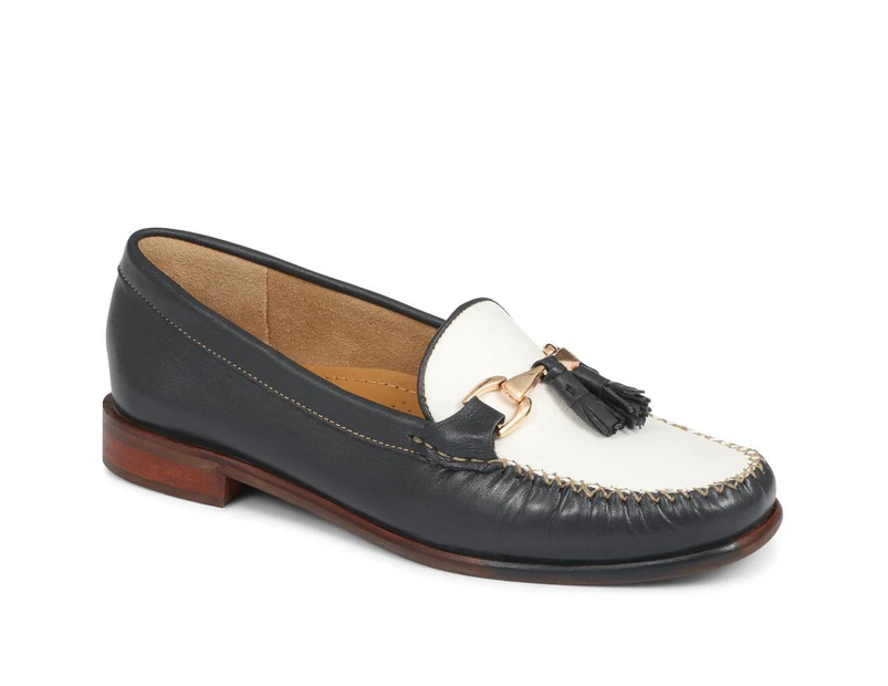 Pavers Womens Leather Tassel Loafers Shoes Footwear Lightweight - Navy - White