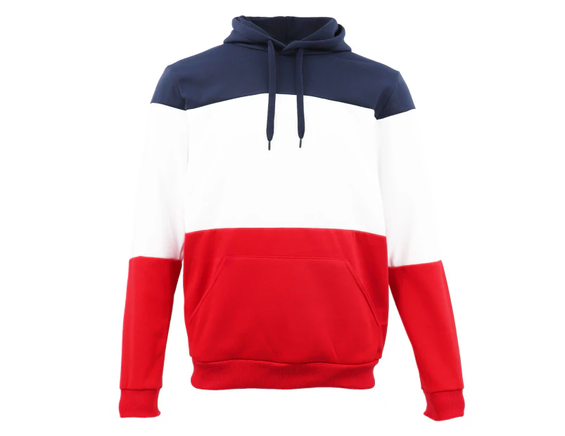 Mens Unisex Fleece Pullover Hoodie Colour Block Hooded Sweatshirts Jacket Jumper - Navy/White/Red