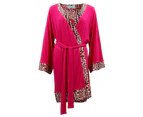 Women's Fashion Leopard Pajamas PJ Dress Gown Sleepwear Nightie Bath Robe Satin - Hot Pink