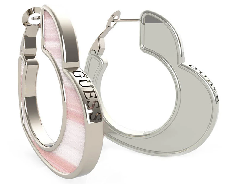 Guess Mother of Pearl Pink Heart Huggie Earrings - Silver