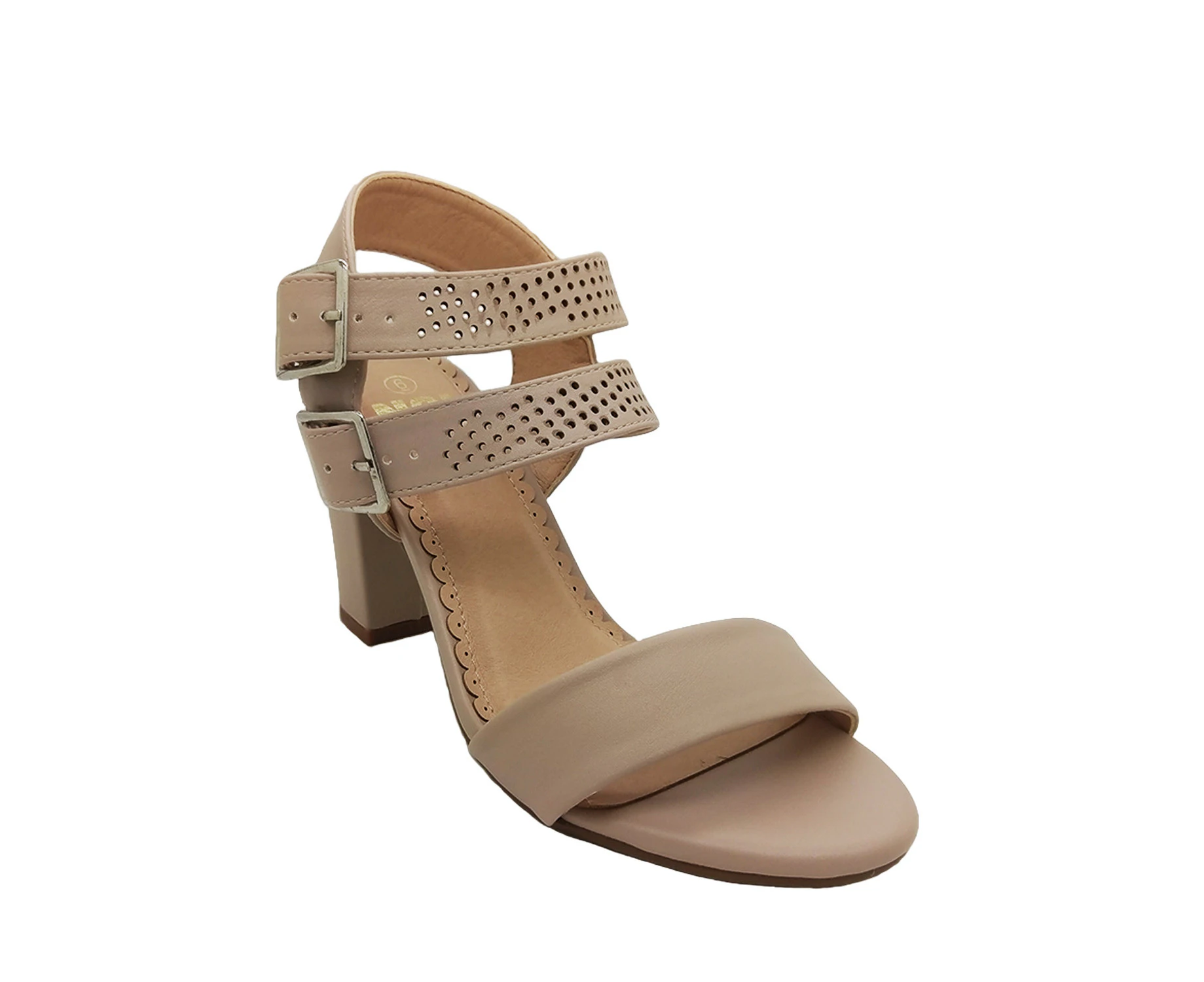 No! Shoes Holes Ladies Heels Open Toe Strappy Double Buckle Block Heel - Nude