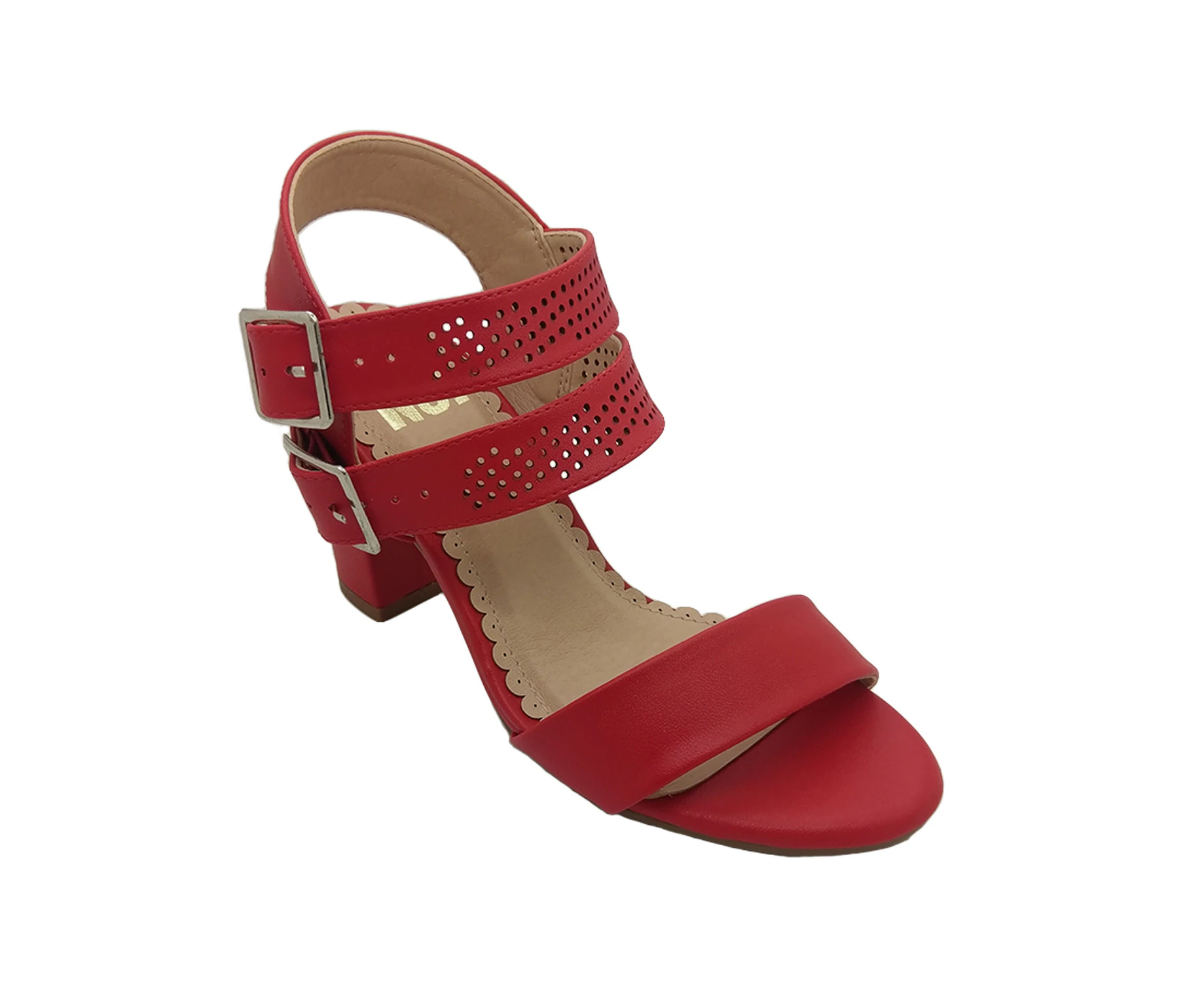 No! Shoes Holes Ladies Heels Open Toe Strappy Double Buckle Block Heel - Red