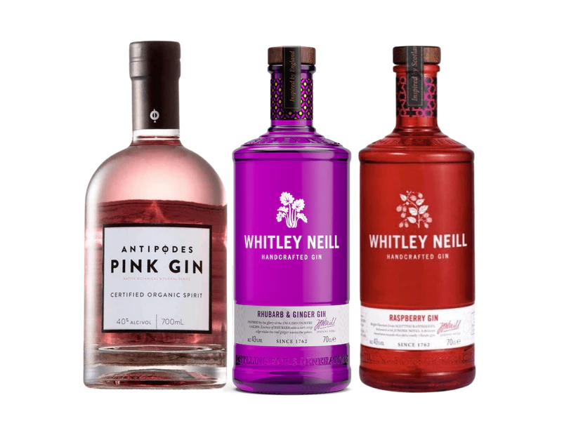 Whitley Neill Rhubarb and Ginger, Raspberry Gins & Antipodes Organic Pink Gin 700ml