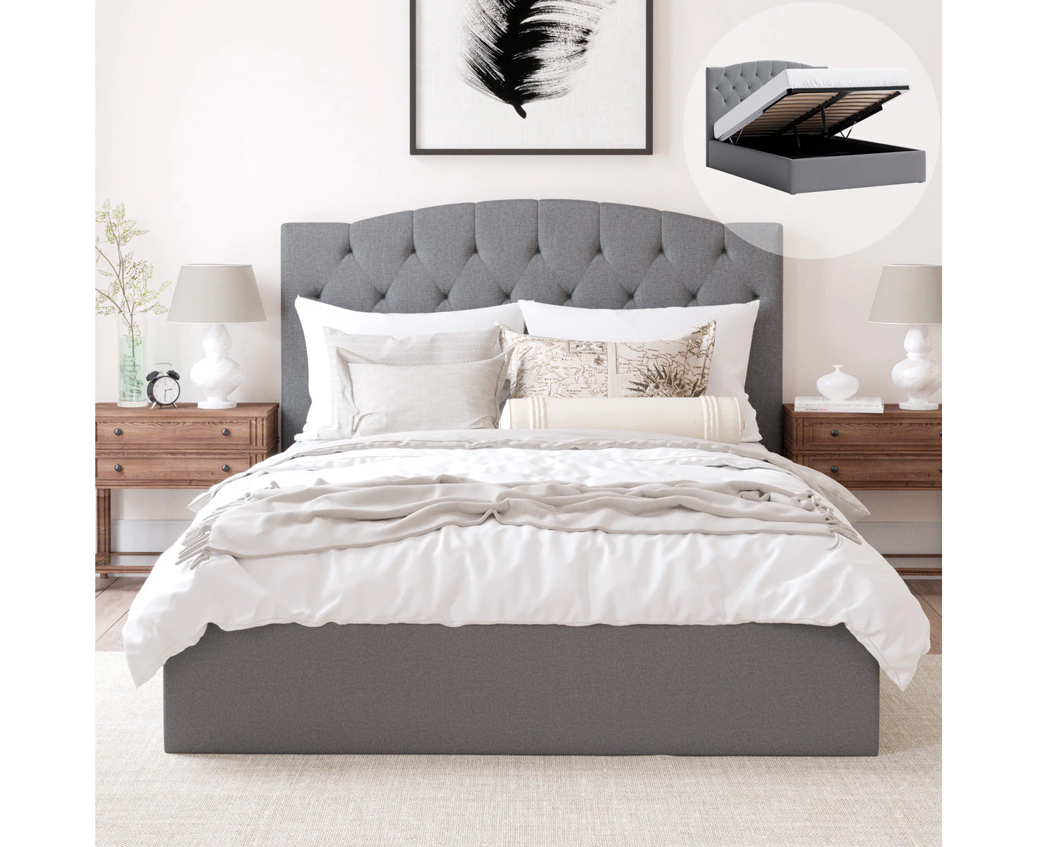 Storage Gas Lift Bed Frame with Curved Bed Head in King, Queen and Double Size (Charcoal Fabric)