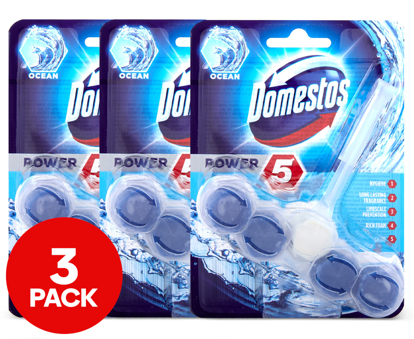 3 x Domestos Power 5 Toilet Block Ocean 55g