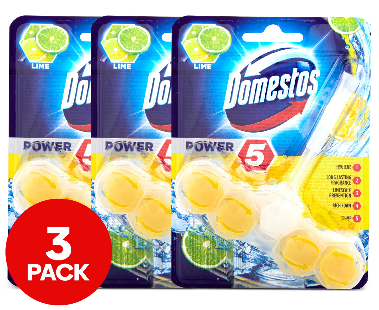 3 x Domestos Power 5 Toilet Block Lime 55g