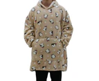 FIL Oversized Hoodie Blanket Plush Warm Fleece Soft Pullover - Brown with Penguins