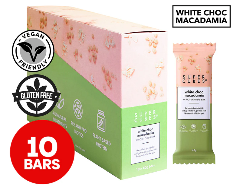 10 x Super Cubes Wholefoods Bars White Choc Macadamia 40g