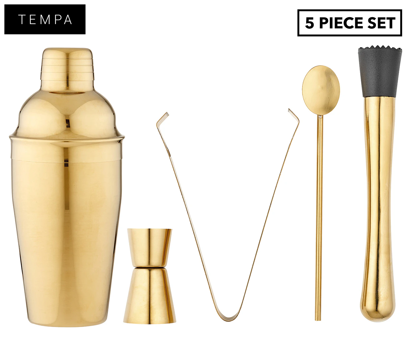 5pc Tempa Aurora 550ml Cocktail/Martini Set w/ Jigger/Tong/Spoon/Muddler Gold