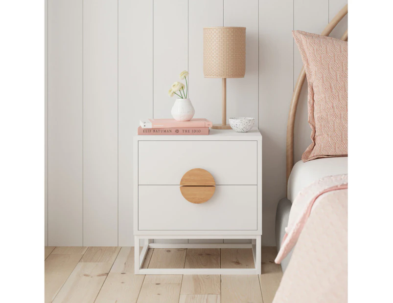 Coastal White Wooden Bedside Table with Semi-Circle Handles