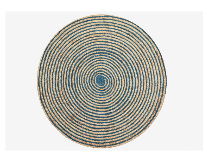 Tribal Handwoven Round Jute Rug - 1037 - Natural/Turquoise Blue - 120x120cm