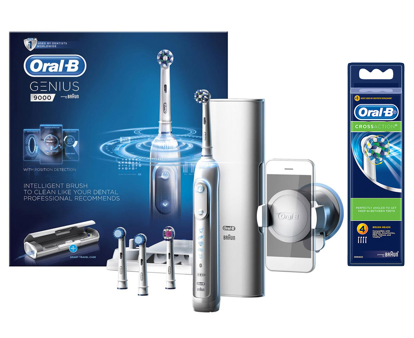 Oral-B Genius Series 9000 Electric Toothbrush + CrossAction Brush Heads ...