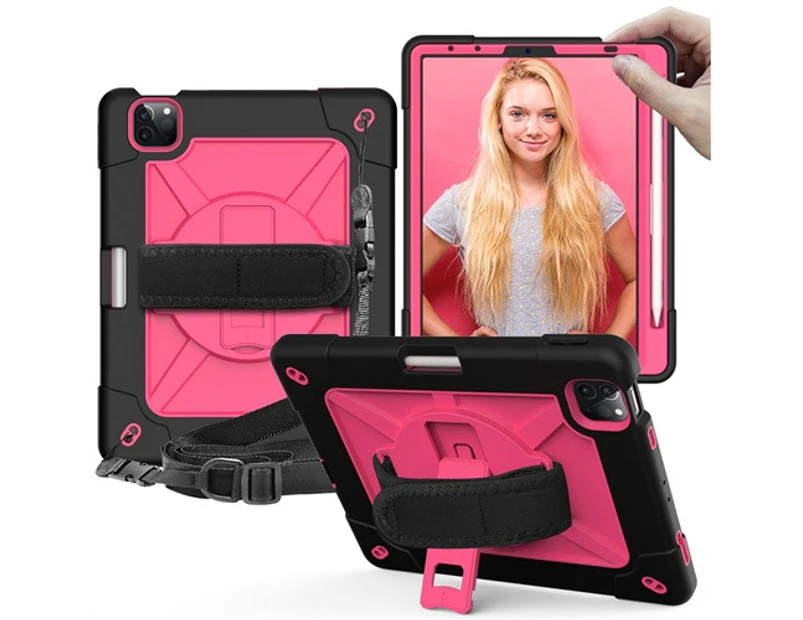 WIWU C-Robot iPad Case+Neck Strap Anti-fall Rugged Heavy Duty Protective Cover For iPad Air 4 10.9 (2020)-Black&RoseRed