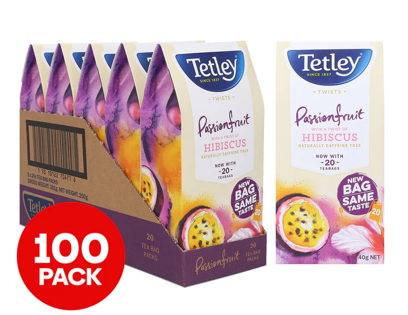 5 x 20pk Tetley Twist Tea Bags Passionfruit & Hibiscus 40g