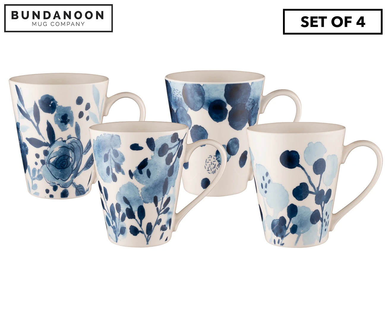 Set of 4 Bundanoon 414mL Conical Mugs - Sapphire Blooms