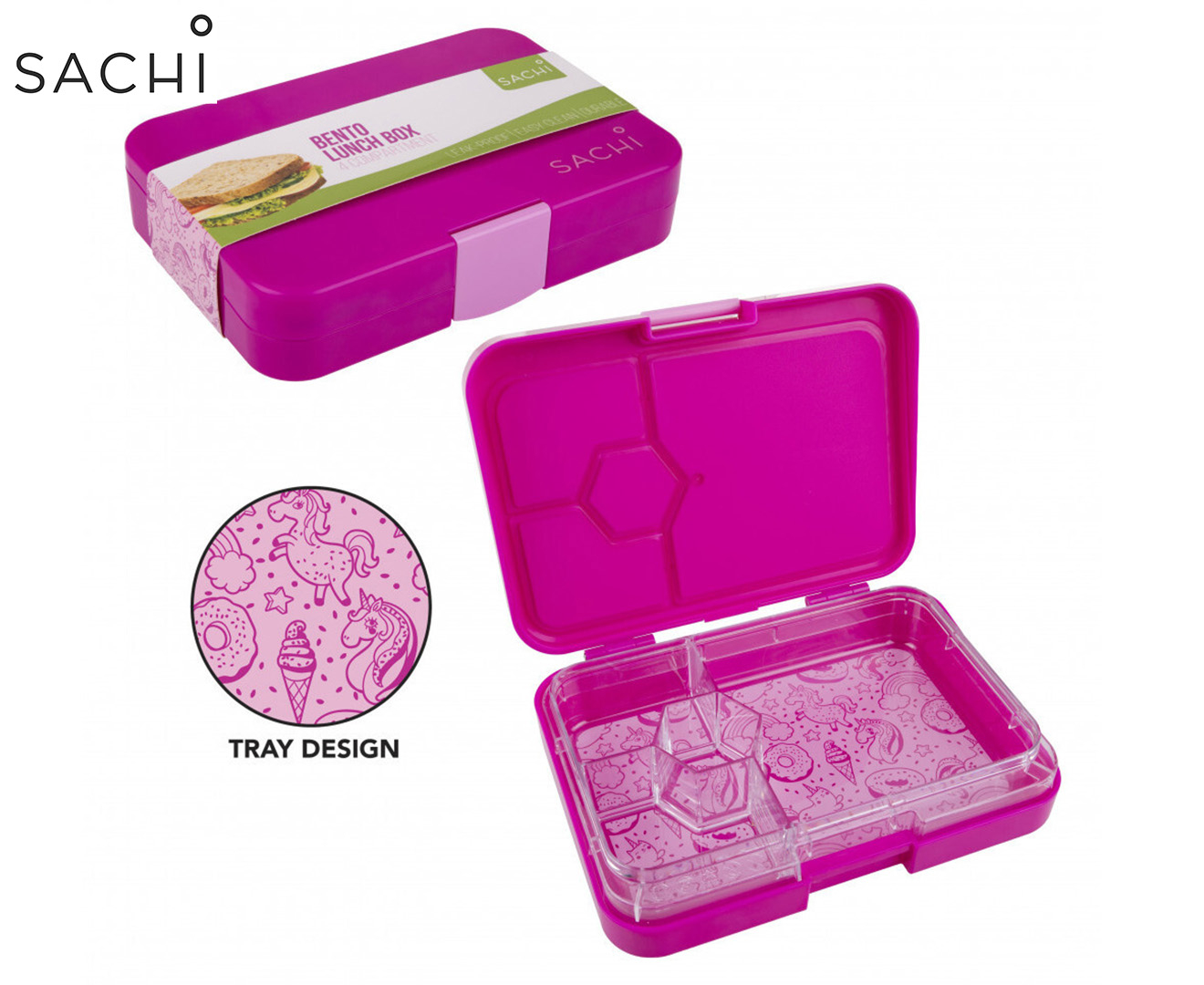 Sachi 4-Compartment Unicorns Bento Lunchbox - Pink