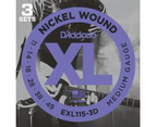 D'Addario EXL115-3D Nickel Wound Electric Guitar Strings, 3 Sets, Medium-Blues-Jazz Rock, 11-49, 3 Sets