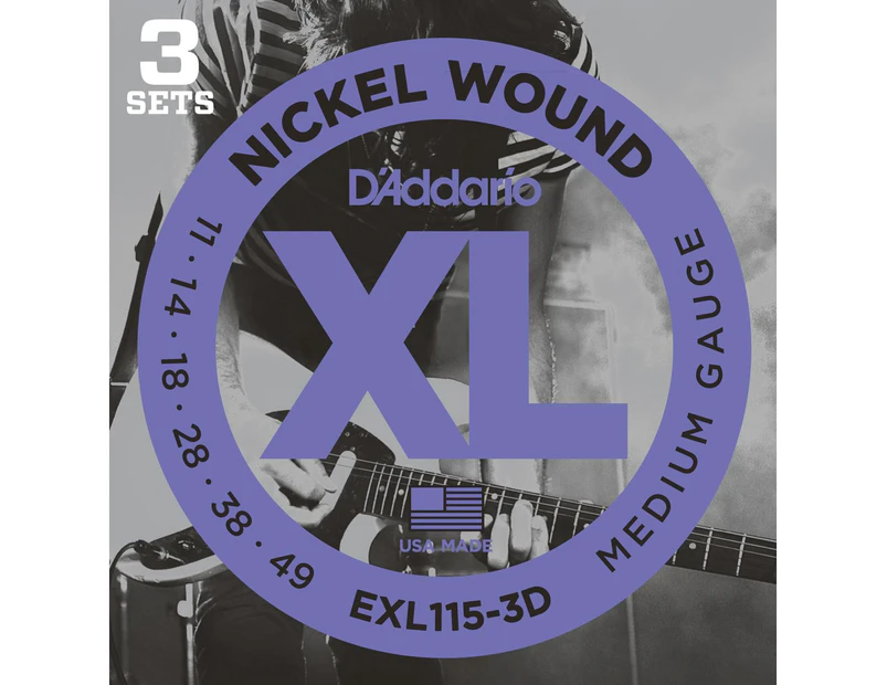 D'Addario EXL115-3D Nickel Wound Electric Guitar Strings, 3 Sets, Medium-Blues-Jazz Rock, 11-49, 3 Sets