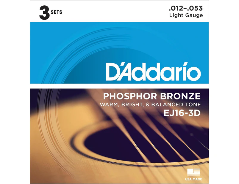 D'Addario EJ16-3D Phosphor Bronze Acoustic Guitar Strings, Light, 3 Sets