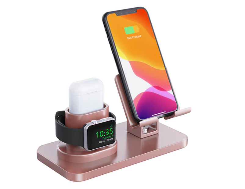 3 in 1 Aluminum Alloy Function Stand for All Apple ,iWatch Series 5/4/3/2/1, AirPods,iPad -Rose gold