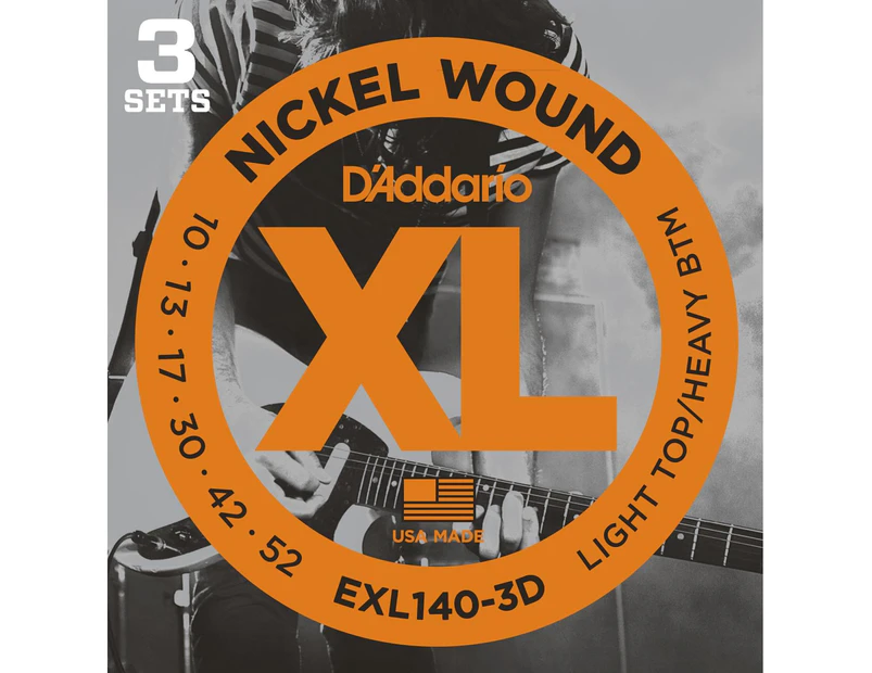 D'Addario EXL140-3D Nickel Wound Electric Guitar Strings, Light Top-Heavy Bottom, 10-52, 3 sets