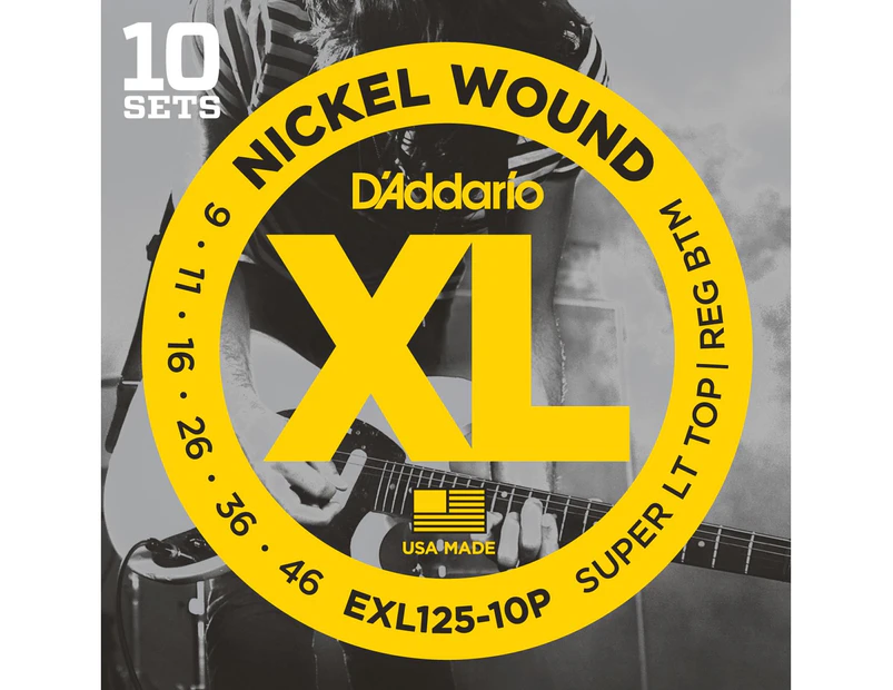 D'Addario EXL125-10P Nickel Wound Electric Guitar Strings, Super Light Top-Regular Bottom, 9-42, 10 Sets