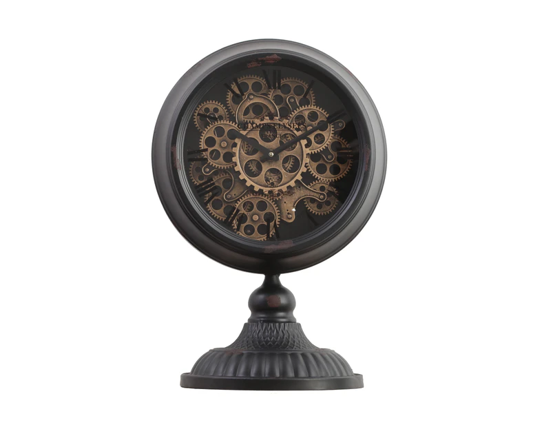 Industrial Exposed Rotating Gears Clock With Footed Stand - Black