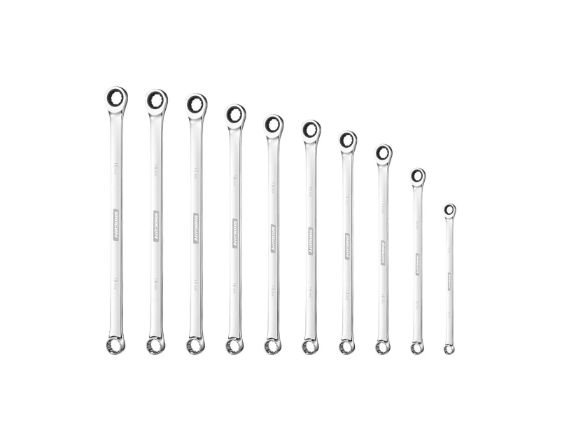 10 PCS Extra Long Double Ring Cr-V Ratchet Spanner Set 72 Tooth Wrench Tool