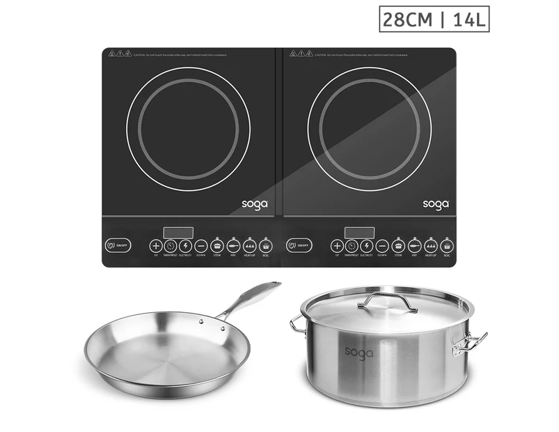 SOGA Dual Burners Cooktop Stove, 14L Stainless Steel Stockpot and 28cm Induction Fry Pan