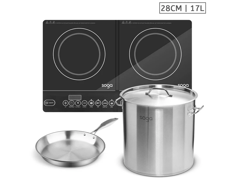SOGA Dual Burners Cooktop Stove, 17L Stainless Steel Stockpot and 28cm Induction Fry Pan