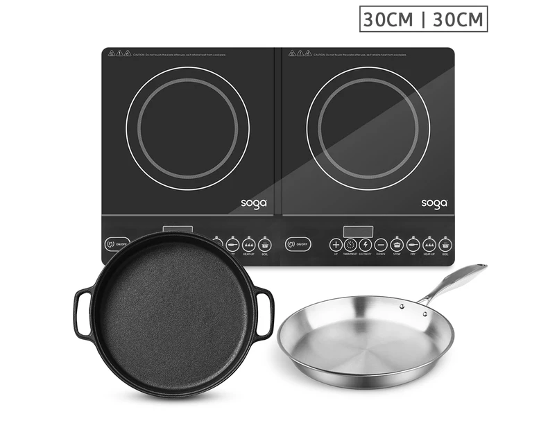 SOGA Dual Burners Cooktop Stove, 30cm Cast Iron Frying Pan Skillet and 30cm Induction Fry Pan