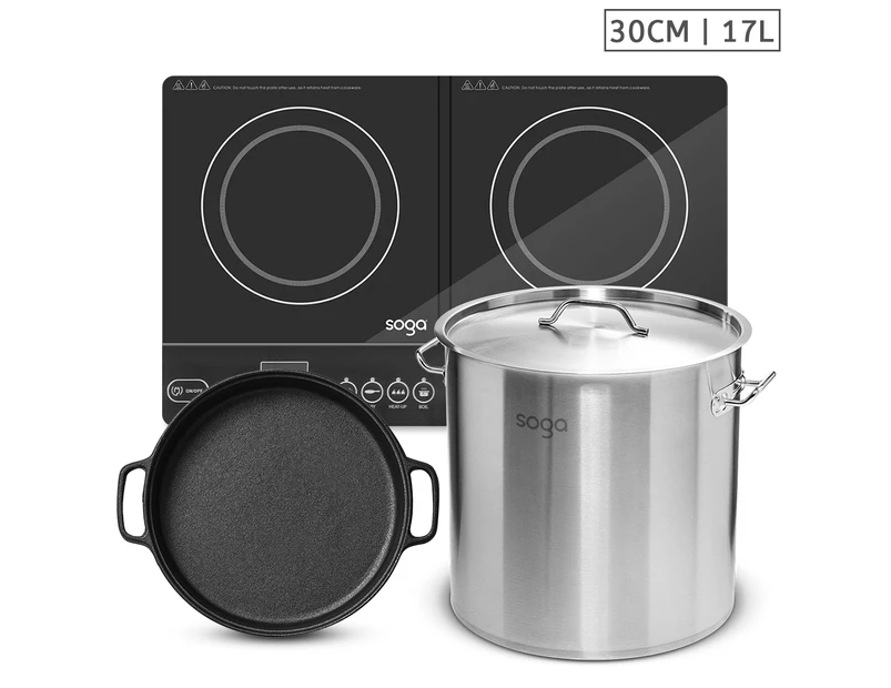 SOGA Dual Burners Cooktop Stove, 30cm Cast Iron Skillet and 17L Stainless Steel Stockpot 28cm