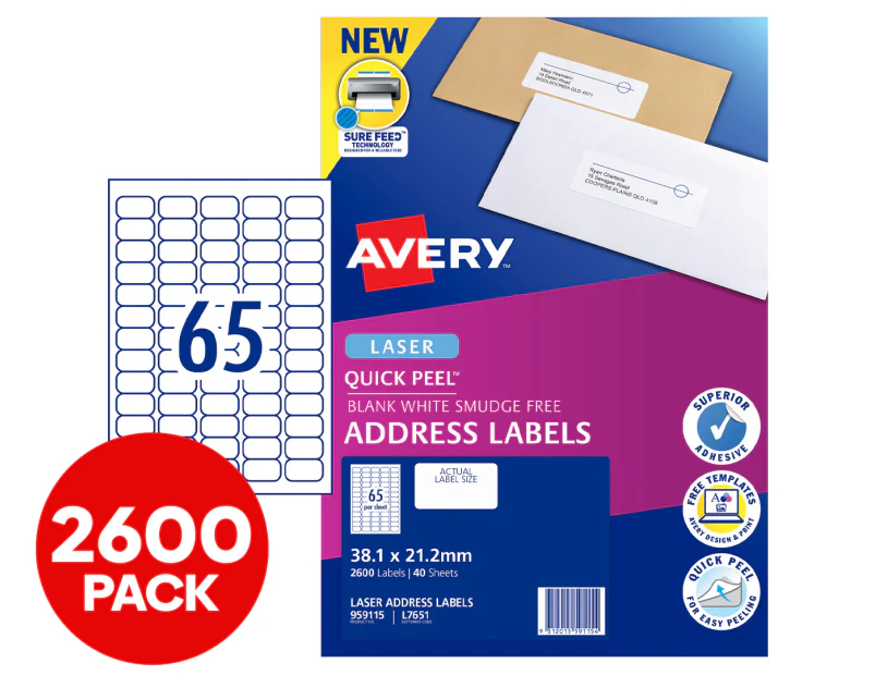 Avery 38.1x21.2mm Quick Peel Address Labels 2600-Pack