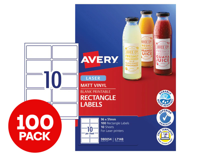 Avery 96x51mm Durable Rectangle Printable Blank Labels 100-Pack