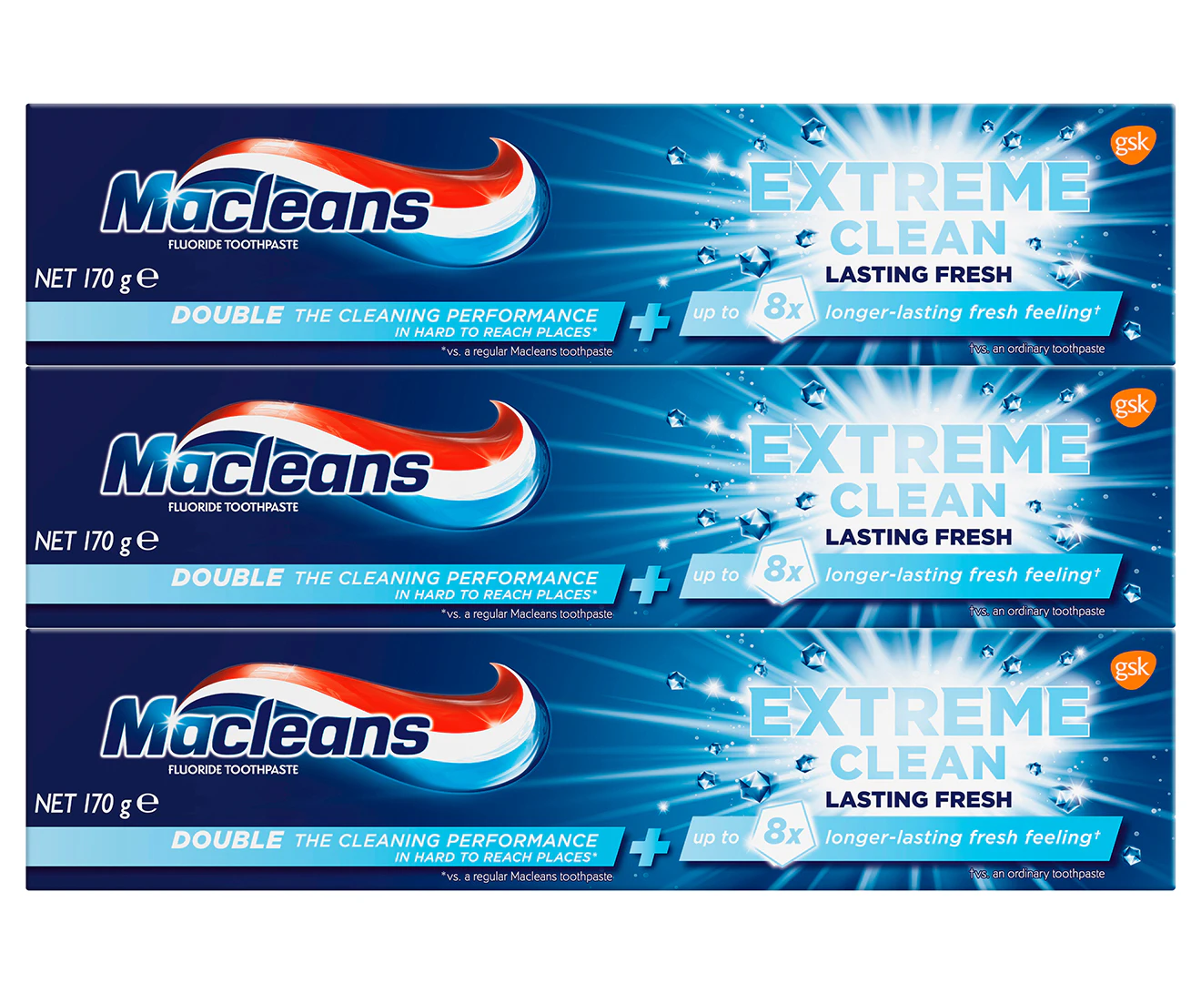 3 x Macleans Extreme Clean Lasting Fresh Fluoride Toothpaste 170g