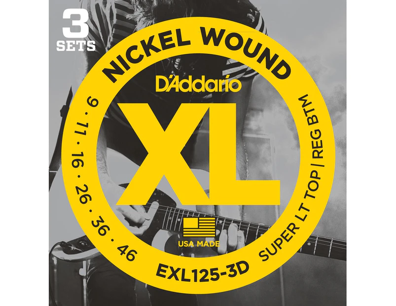 D'Addario EXL125-3D Nickel Wound Electric Guitar Strings, Super Light Top-Regular Bottom, 9-42, 3 Sets