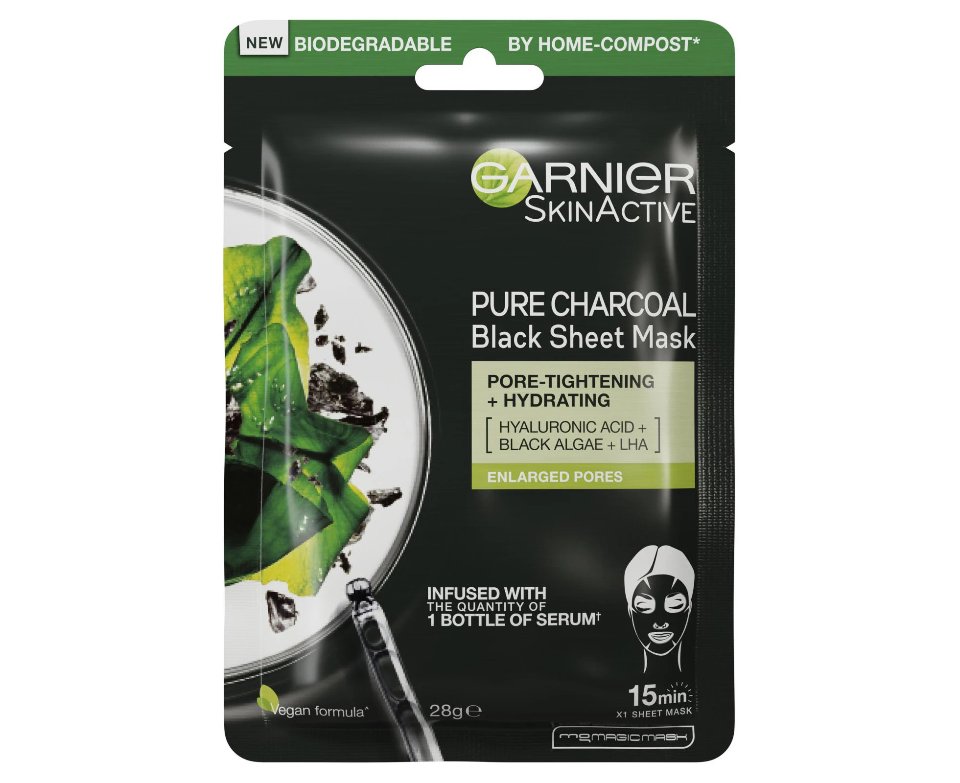 Garnier SkinActive Pure Charcoal Black Sheet Mask 28g - Black Algae, LHA & Hyaluronic Acid