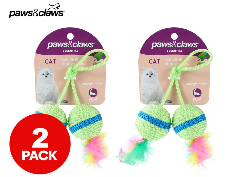 2 x Paws & Claws 20x4cm Twin Ball Feather Catnip Toy - Green