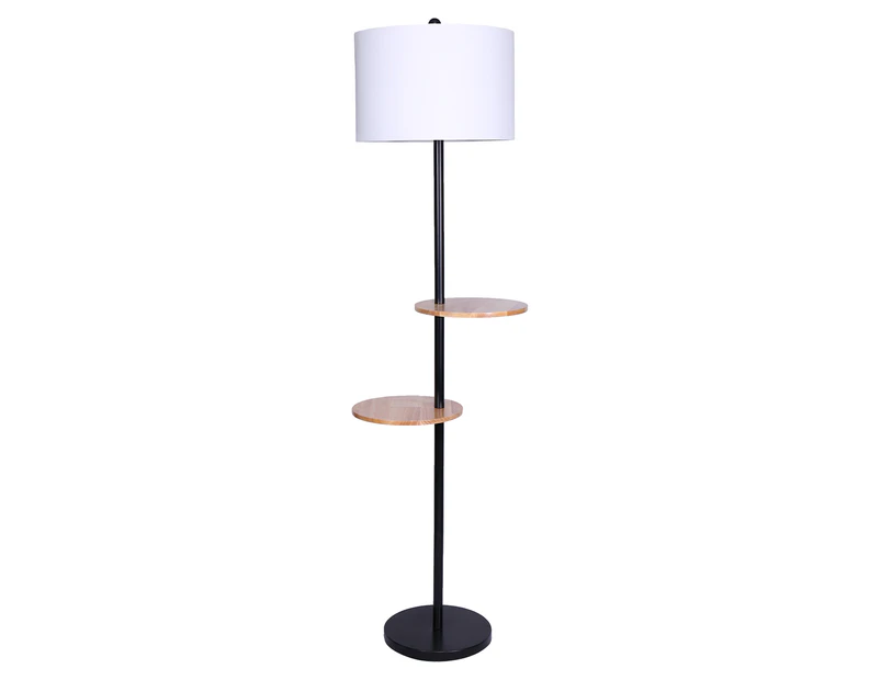 Sarantino Metal Floor Lamp Shade with Black Post in Round Wood Shelves