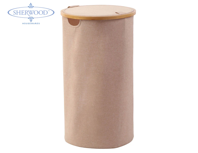 Sherwood Tall Round Linen & Bamboo Laundry Hamper w/ Cover - Rose Gold