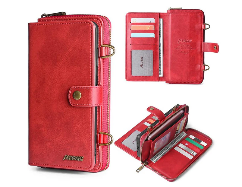 Magnetic Leather Detachable Wallet Case with Strap for iPhone 12/iPhone 12 Pro-Red