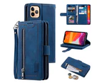 9 Cards PU Leather Zipper Flip Case Wallet Phone Case for iPhone 12 Pro Max-Blue