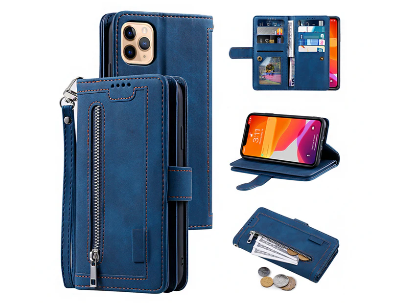 9 Cards PU Leather Zipper Flip Case Wallet Phone Case for iPhone 12 Pro Max-Blue