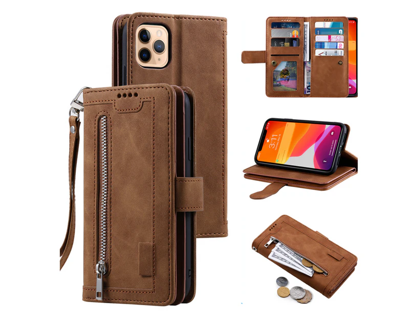 9 Cards PU Leather Zipper Flip Case Wallet Phone Case for iPhone 12/iPhone 12 Pro-Brown