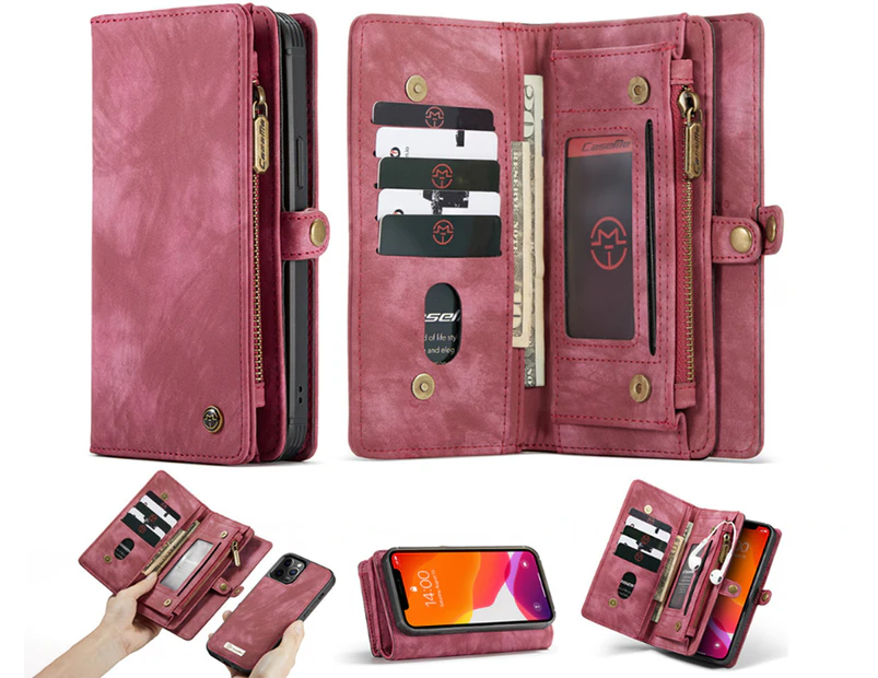 2 in 1 detachable leather zipper wallet case for iphone 12/iphone 12 Pro-Red